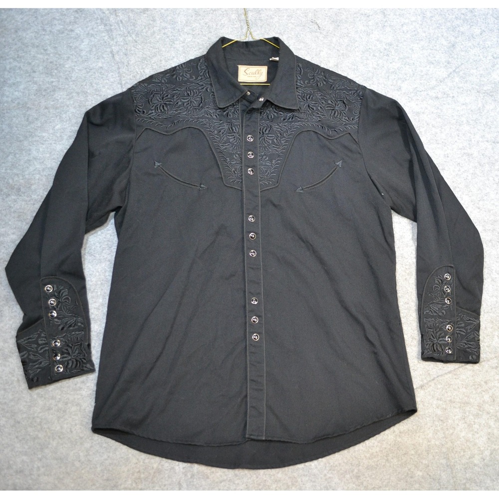 Scully Shirt Mens L Black Western Floral Embroidered Snap Long Sleeve Cowboy